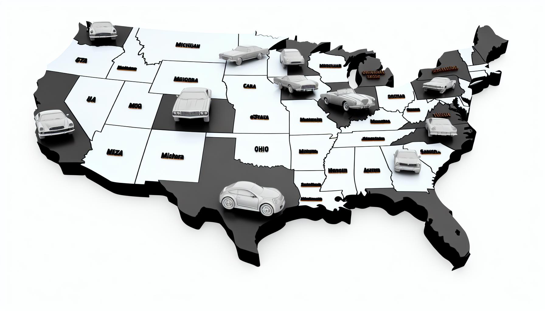 Image of the US with cars in major auto hub locations