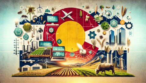 This image for Colorado showcases a blend of technology, agriculture, and the iconic mountainous landscape, integrated with the state flag to symbolize the state's encouragement of diverse small businesses.